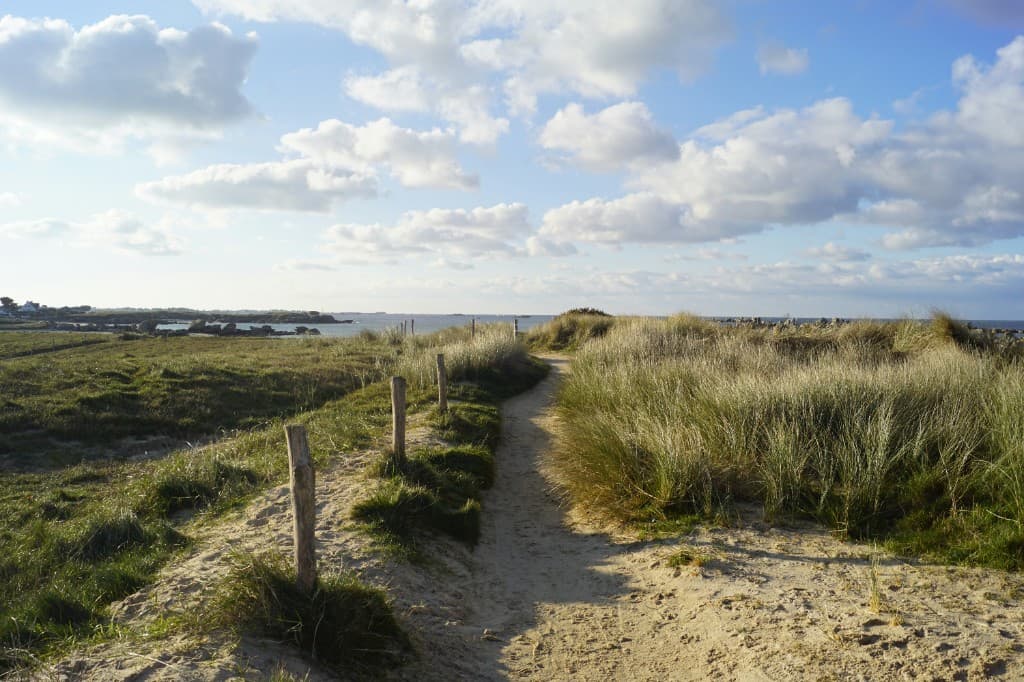 Chemin de sable entre les dunes vers la mer, presqu'île de Crozon